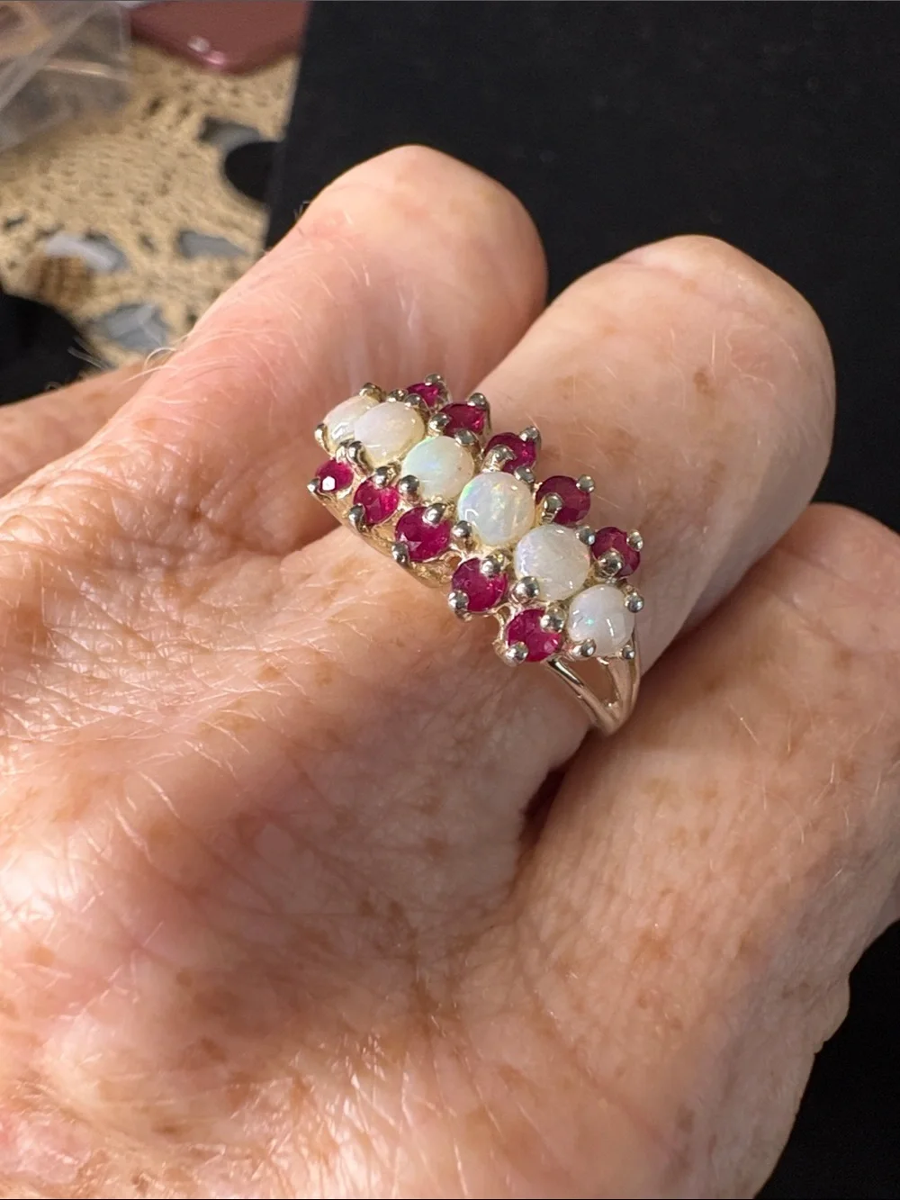 Sterling Silver Opal and Pink Sapphire Band Ring